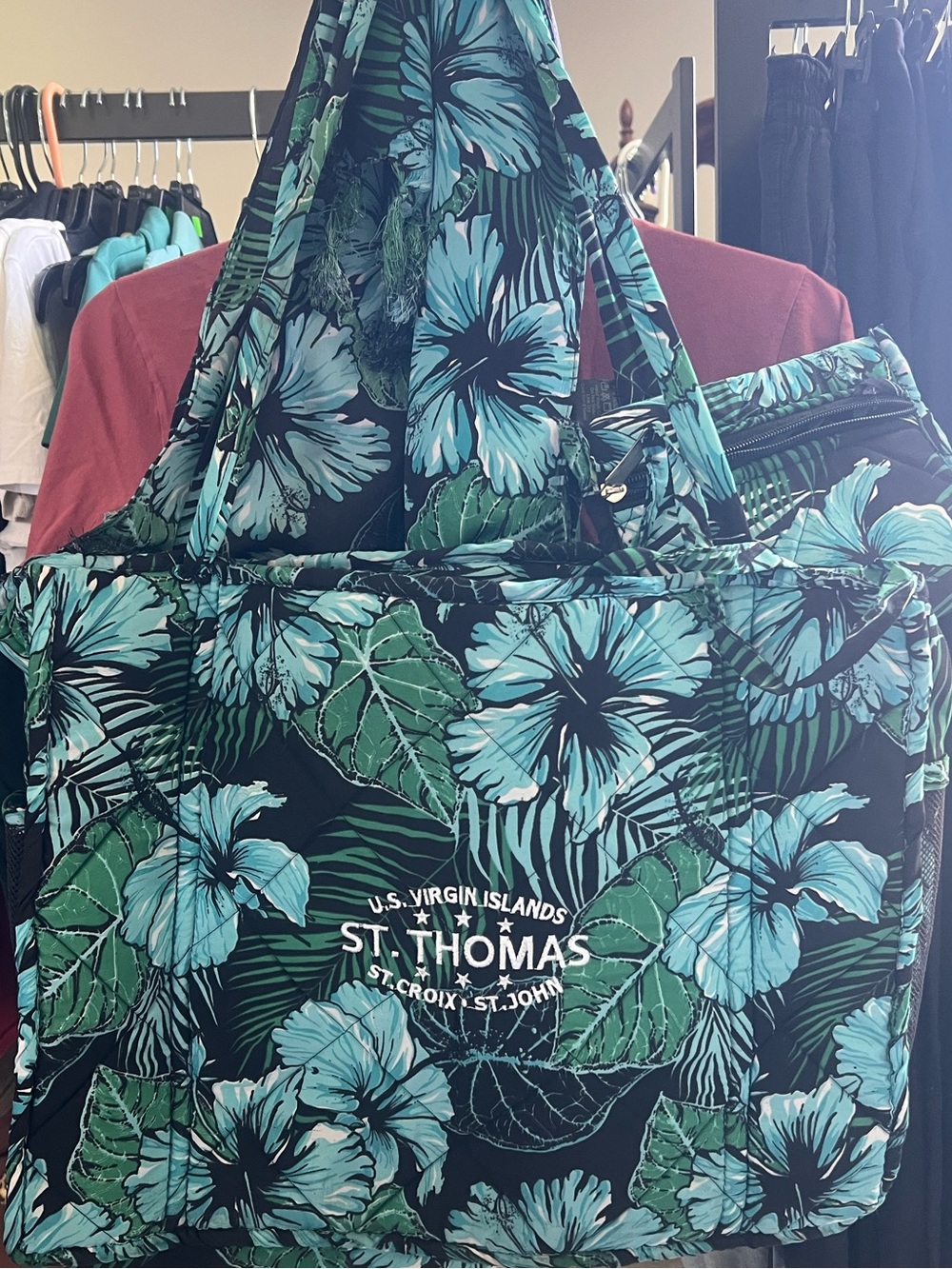 Floral Tote Bag in Teal and Black comes with zipper bag and scarf/sarong